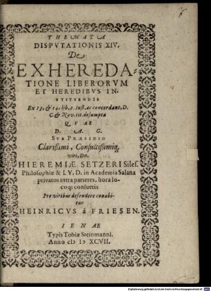 Themata dispositionis XIV. de exheredatione liberorum et heredibus instituendis