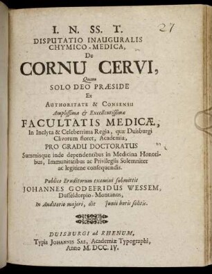 Disputatio Inauguralis Chymico-Medica, De Cornu Cervi