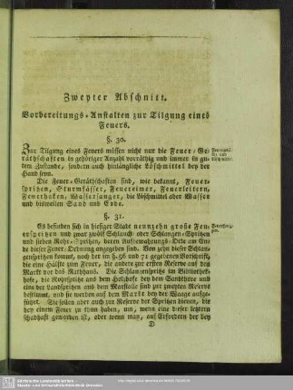 Zweyter Abschnitt. Vorbereitungs-Anstalten zur Tilgung eines Feuers