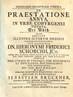 Dissertatio inavgvralis ivridica de praestatione annva, in vrbe Cobvrgensi vsitata, der Bäth