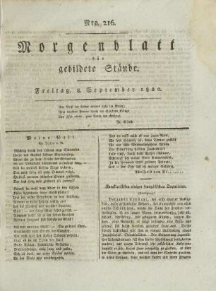 Nro. 216. Freitag, 8. September 1820. - Nro. 221. Donnerstag, 14. September 1820.