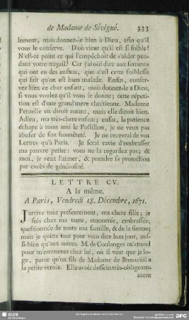 Lettre CV. A la même. Aux Rochers, Vendredi 18. Décembre, 1671