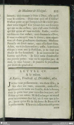 Lettre CV. A la même. Aux Rochers, Vendredi 18. Décembre, 1671