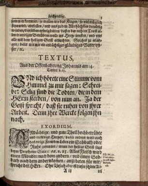 Textus, Aus der Offenbahrung Johannis am 14. capitel v. 13.
