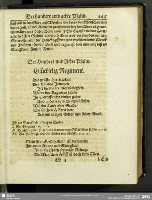 Der Hundert und Achte Psalm. Glückselig Regiment