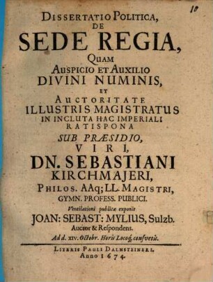 Dissertatio Politica De Sede Regia