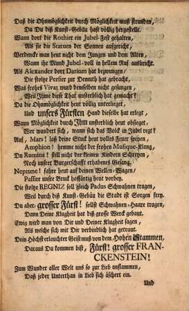 [Gedicht zur Feier der Eröffnung der 1752 neuerbauten Sees-Bruck in Bamberg] : Incipit: Wann unser Regniz-Fluß mit Hochmuths schwangern Wellen in seinem Ufer rollt ...