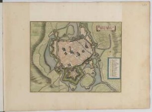 Vogelschauplan von Wismar, kolorierter Kupferstich, 1653 : Grundriß der Statt und Vestung Wismar / [Stecher Matthaeus Merian]. - [Franckfurt] : [Matthaeus Merian], [1653]. - 1 Volgelschauplan : Kupferstich, 36,5 x 28,2 cm. - Mit Gebäudeverz.