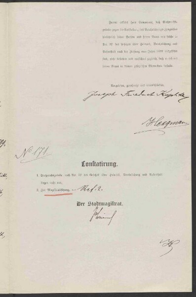 Ausstellung eines Verehelichungszeugnisses an den in Frammersbach
                     wohnenden Kaufmann Joseph Friedrich Koplitz - Verehelichung mit der
                     Restaurateuerstochter Anna, geb. Weisberger, aus Frankfurt / Main, 1898,
                     Verehelichung mit der Metzgermeisterstochter Amalie Katharina, geb.
                     Immerschitt, aus Aschaffenburg, 1902, Bürgerrechtsverleihung, 1902