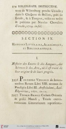 Section IX: Histoire littéraire, académique, et bibliographique