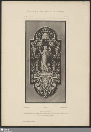Panneau de porte, imitation d'émail en grisaille sur fond noir, quelques points rehauss´s d'or ainsi que les nielles