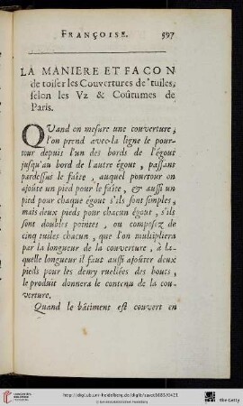 La manière & façon de toiser les couvertures de tuiles, selon les VZ & Coûtume de Paris