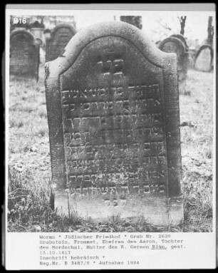 Grabstein der Frommet, Ehefrau des Aaron, Tochter des Mordechai, Mutter des R. Gerson Blün (gestorben 1817.10.15)