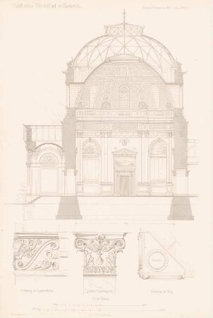 Städtische Vierordtbad, Karlsruhe: Querschnitt, Details (aus: Atlas zur Zeitschrift für Bauwesen, hrsg. v. G. Erbkam, Jg. 24, 1874)