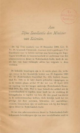 Aan Zijne Excellentie den Minister van Kolonien