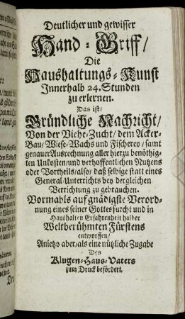 Deutlicher und gewisser Hand-Griff, Die Haushaltungs-Kunst Innerhalb 24. Stunden zu erlernen.