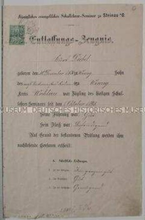 Entlassungszeugnis des Königlich evangelischen Schullehrer-Seminars zur Steinau für Kurt Diebel; 2. Sept. 1896