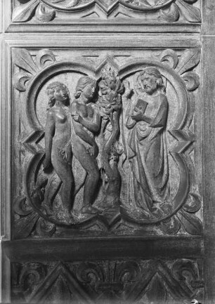 Sockelrelief: Szenen aus der Genesis — Adam und Eva vor Gott nach Sündenfall