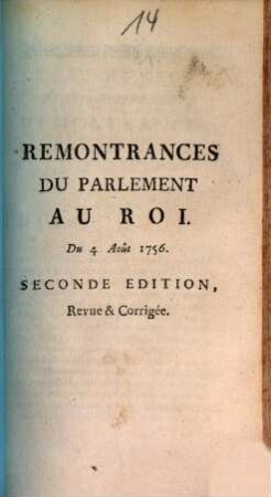 Remontrances Du Parlement Au Roi. Du 4 Août 1756