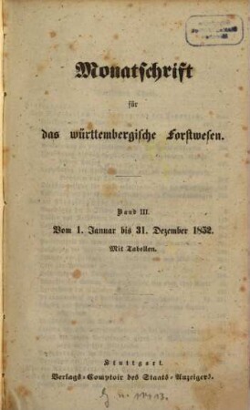 Monatschrift für das württembergische Forstwesen. 3. 1852