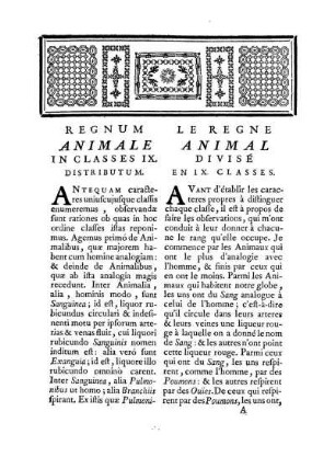 Regnum Animale in Classes IX. Distributum. - Le regne animal divisé en IX. classes