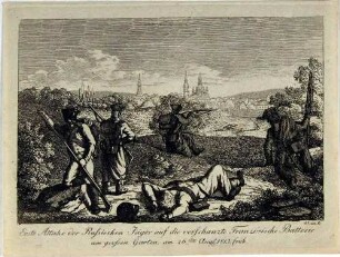 Erste Attacke der russischen Jäger auf die verschanzte französische Batterie am Großen Garten am 26. August 1813. Blatt 6 aus der Serie "Dresdens Not und Rettung, 1813"