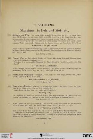 II. Abteilung. Skulpturen in Holz und Stein etc. (Nr. 221-318)
