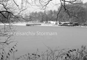 Herrenteich: vorn Schilf und Äste: im Hintergrund am gegenüberliegenden Ufer Badeanstalt: Winter: 28. November 1985