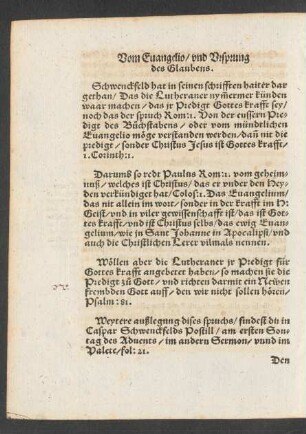 Vom Evangelio/ und Ursprung des Glaubens.