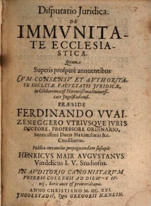 Disputatio iuridica de immunitate ecclesiastica