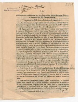 Météorologie - Rapport sur les observations météorologiques faites à l'Antisana; par M. Carlos Aguirre