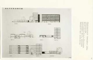 Altersheim, Braunschweig (Diplomarbeit bei Kurt Dübbers): Abwicklung, Krankenteil, Andachtsraum, Ansichten nach Süden, zum Hof und Schnitte