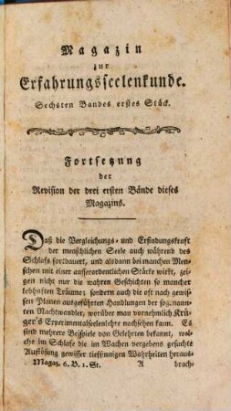 Gnōthi sautón oder Magazin zur Erfahrungsseelenkunde als ein Lesebuch für Gelehrte und Ungelehrte. 6, 6. 1788