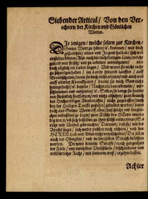 Siebender Articul/ Von den Verechtern der Kirchen und Göttliches Wortes.