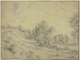 Landschaft, an einem Hügel Baumgruppen, rechts ein Zaun