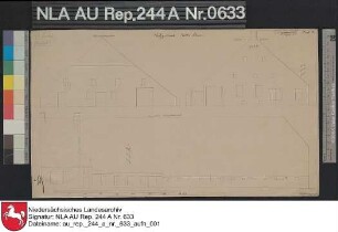 Seitenansicht und Giebelansichten vom Platzgebäude der Domäne Rothe Scheune bei GRIMERSUM Zeichnung von Schwägermann Papier Format 43,4x25,2 M 1:161
