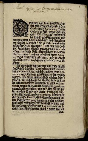 Demnach von dem Hochlöbl. Kayserl. Hof-Kriegs-Rath an den Hrn. Generaln der Cavallerie, Grafen Collona zu Felß, wegen Haltung guter Disciplin ... die ... Ordre ergangen ... : [Onolzbach den 13. April, 1712.]