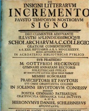 De insigni litterarum incremento, fausto temporum nostrorum signo