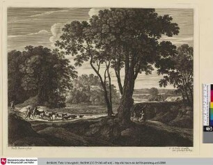 [Waldlandschaft mit Wanderern und Hirten die einen See passieren]