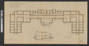 Landesirrenanstalt Teupitz, Lazarett G. Bl. 3 - Grundriss Kellergeschoss, Schnitt durch den Mittelbau