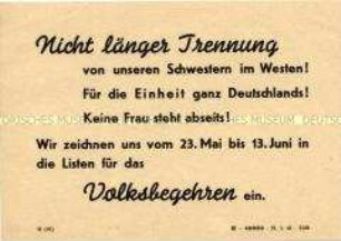 Handzettel mit einem Aufruf zum Volksbegehren 1948