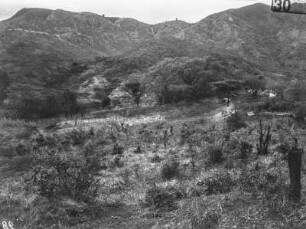Landschaft : Blick über eine Ebene auf die bergige Landschaft. In der rechten Bildmitte ist das Lager der Forschungsreisenden erkennbar