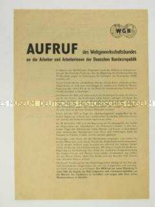 Flugblatt mit dem Aufruf des Weltgewerkschaftsbundes an die Arbeiter in der Bundesrepublik, das Verbot der VVN zu verhindern