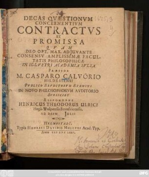 Decas Quaestionum Concernentium Contractus Et Promissa
