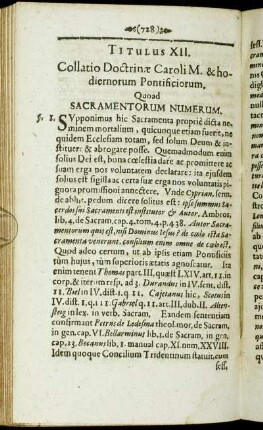 Titulus XII. Collatio Doctrinæ Caroli M. & hodiernorum Pontificiorum. Quoad Sacramentorum Numerum.