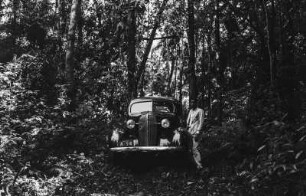 Im Urwald bei Rolândia : Mann neben einem Automobil im Urwald bei Rolândia.