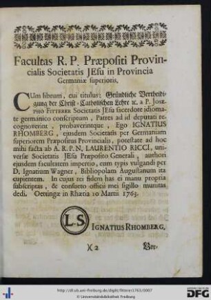 Facultas R. P. Praepositi Provincialis Societatis Jesu in Provincia Germaniae superioris.