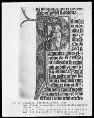 Lateinische Bibel — Initiale P (rimum) mit den Aposteln Petrus und Paulus, Folio 254recto