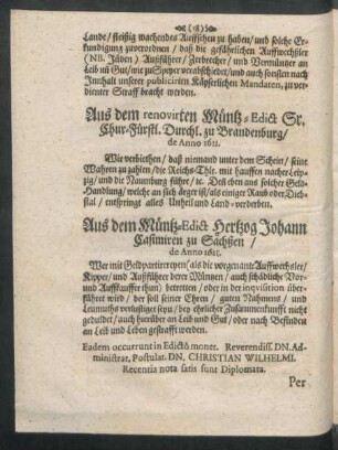 Aus dem renovirten Müntz-Edict Sr. Chur-Fürstl. Durchl. zu Brandenburg/ de Anno 1621.