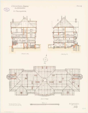 Offiziersheim Taunus, Falkenstein Hauptgebäude: Grundriss Sparrenlage, Querschnitte 1:100